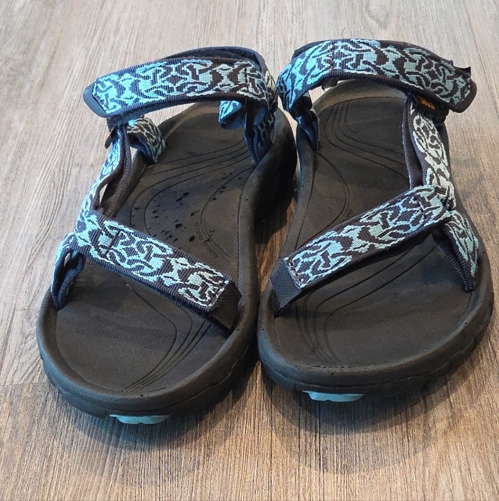 Women’s Size 9 TEVA Hurricane Sandals Blue Black Strap On Hook & Loop - Picture 4 of 15